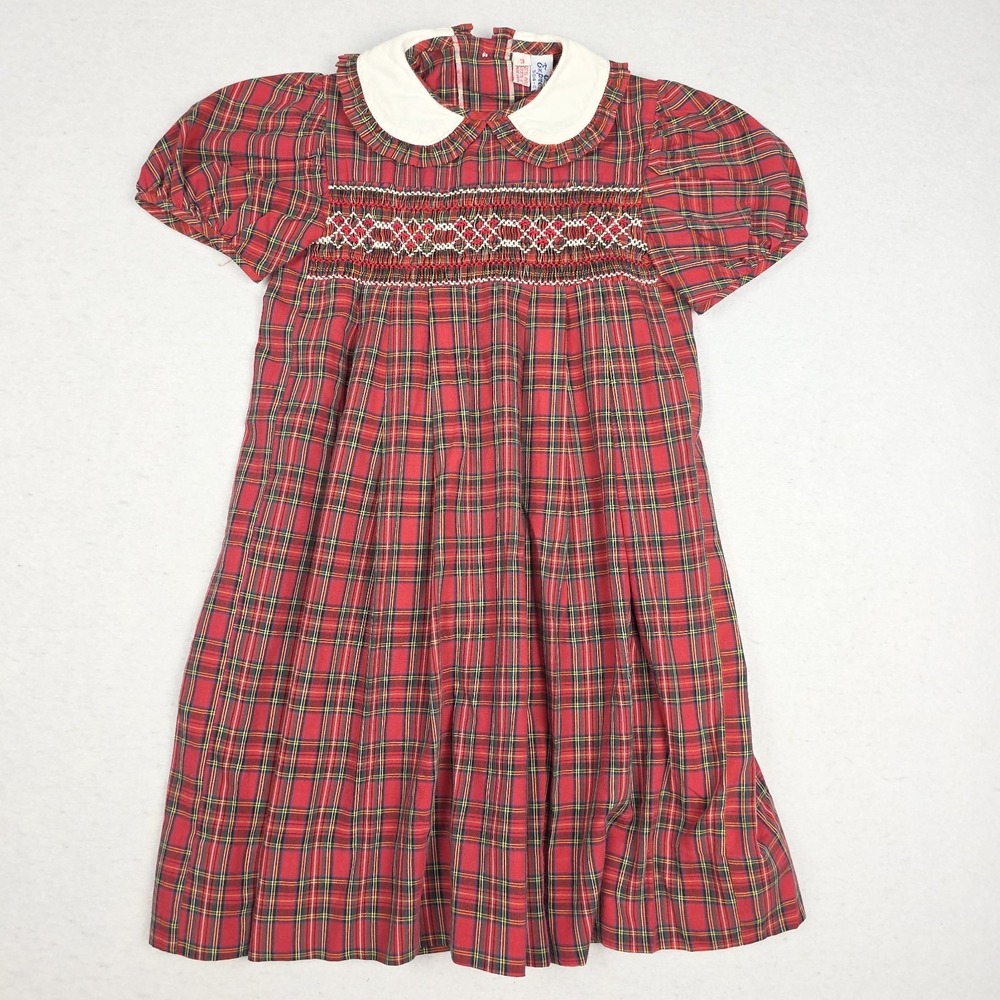 VTG Orient‎ Express Girls Short Sleeve Dress 3 Red Plaid Smock Holiday Hong Kong